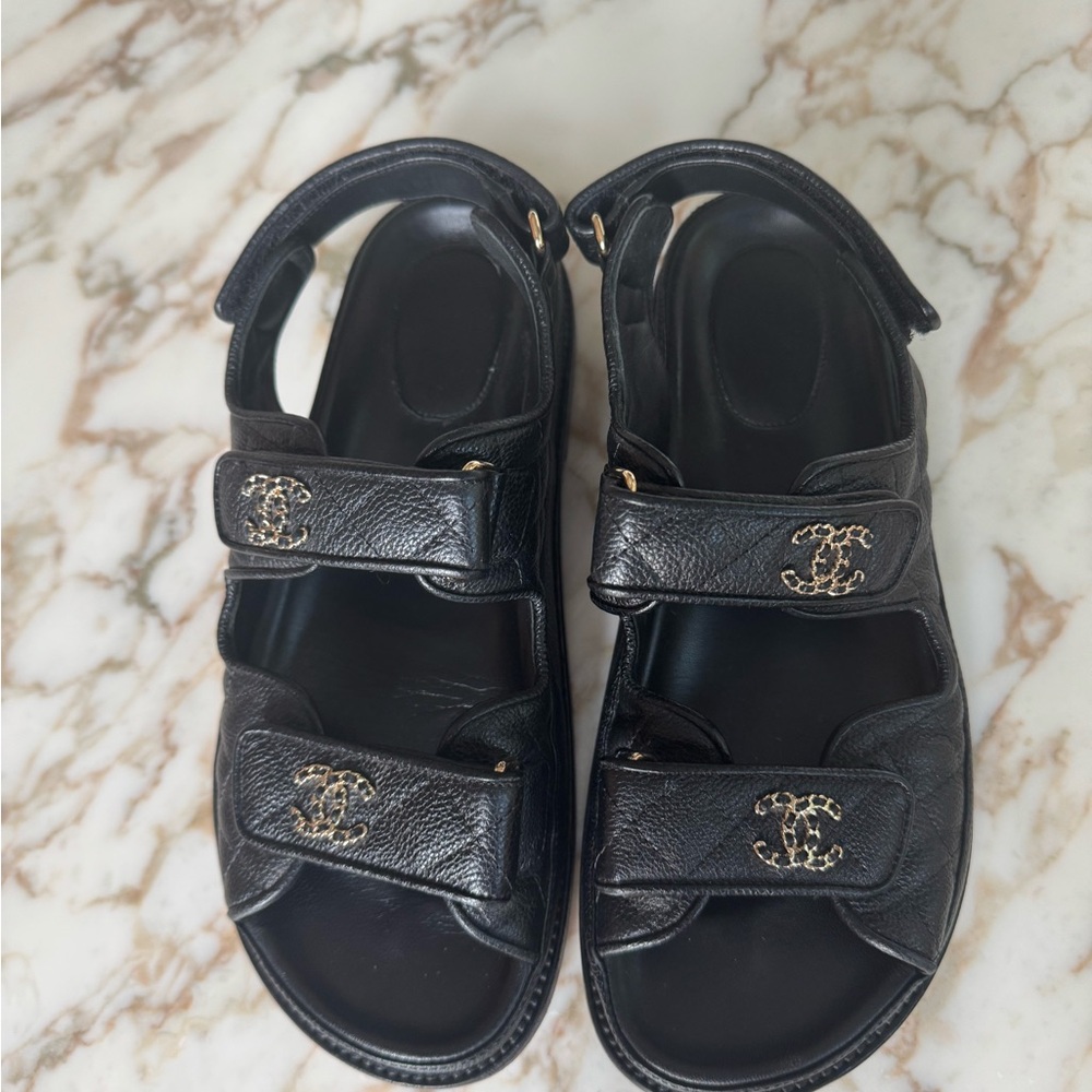 Chanel Authentic Dad Leather Sandals with Gold Accents